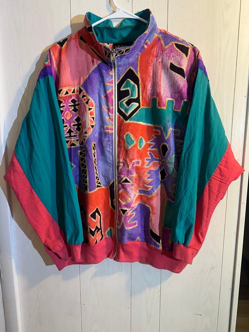 Vintage 80s Silver Threads Bomber Jacket Geometric Abstract Colorblock Cotton